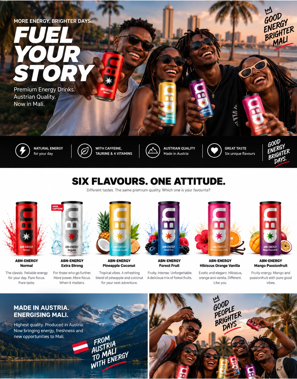 ABN Energy — Fuel Your Story, six flavours, Austrian quality, now in Mali